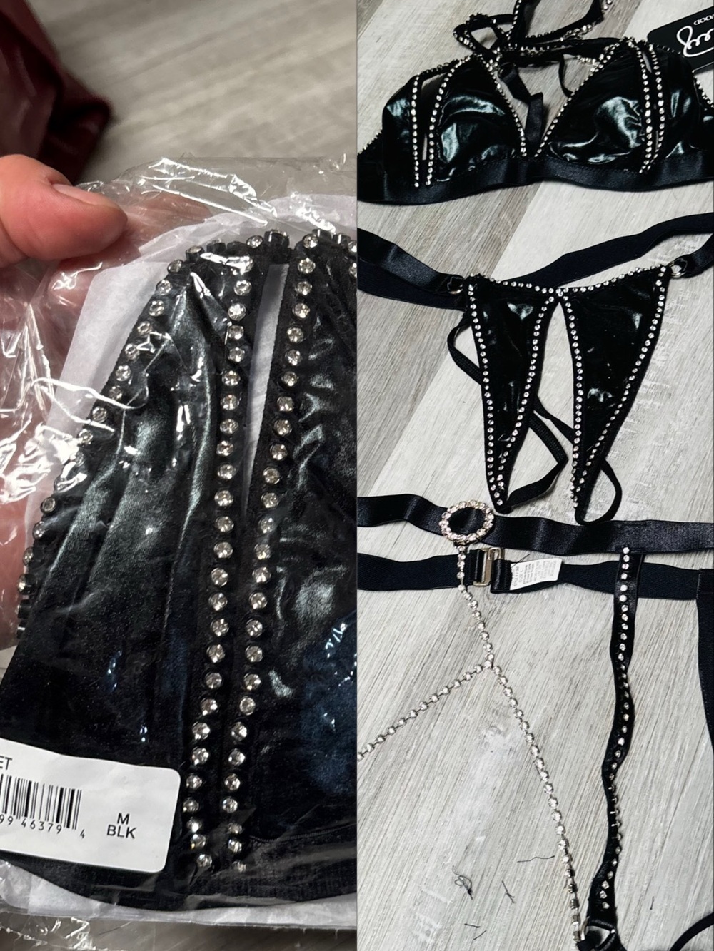 Shirley of Hollywood Black Faux Leather & Rhinestone: Bra, thong, garter med